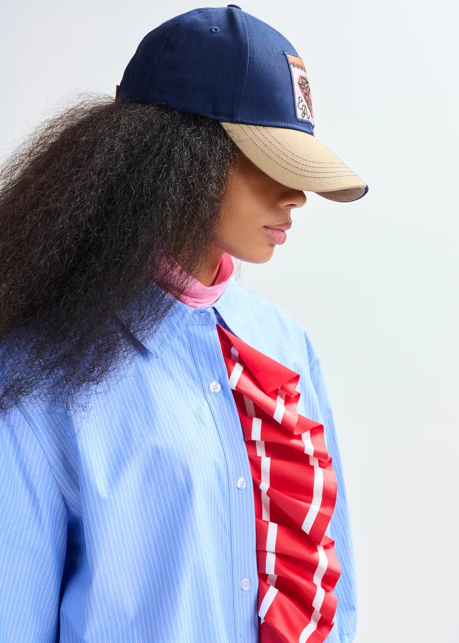 Pinstripe Shirt with Red Ribbon Detail in Blue