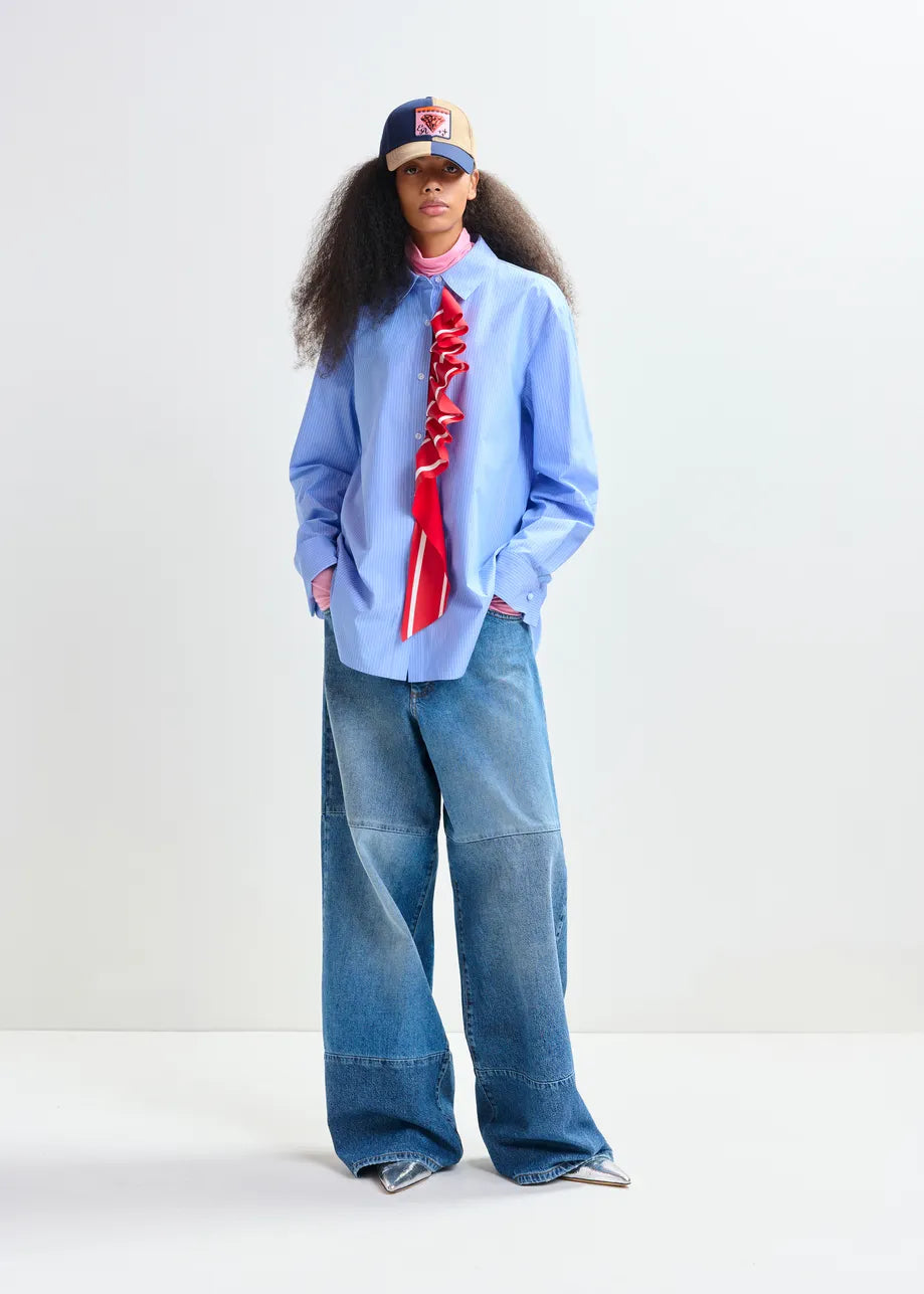 Pinstripe Shirt with Red Ribbon Detail in Blue