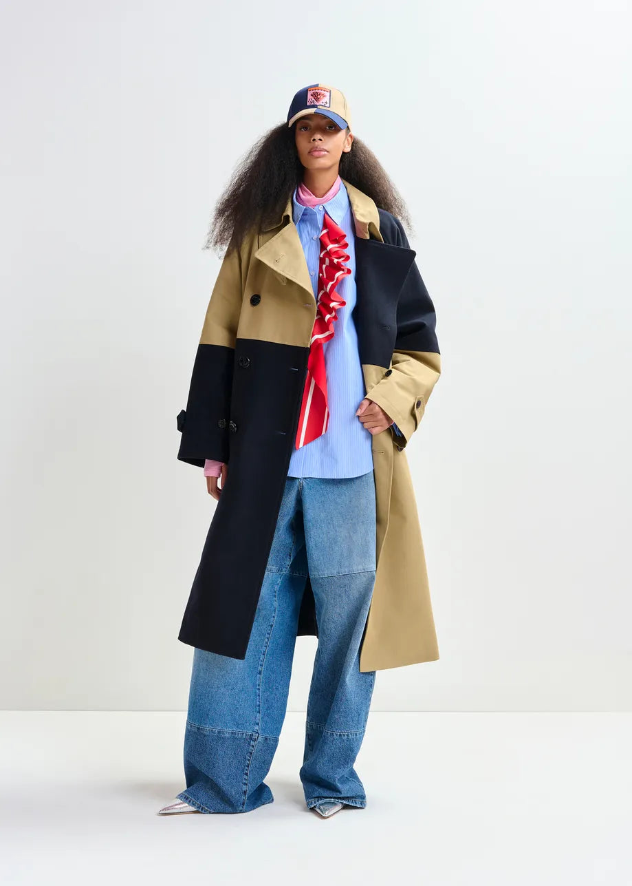 Pinstripe Shirt with Red Ribbon Detail in Blue