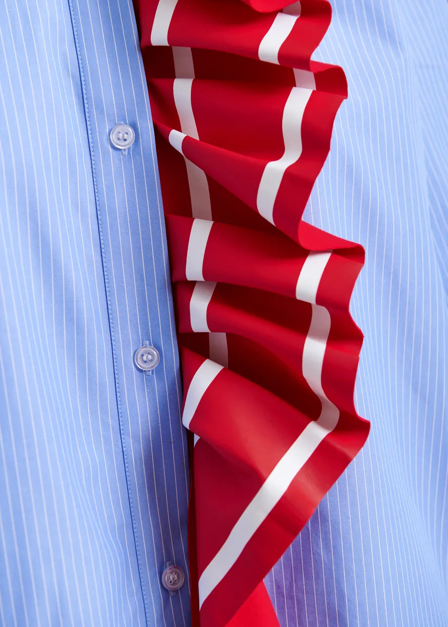 Pinstripe Shirt with Red Ribbon Detail in Blue