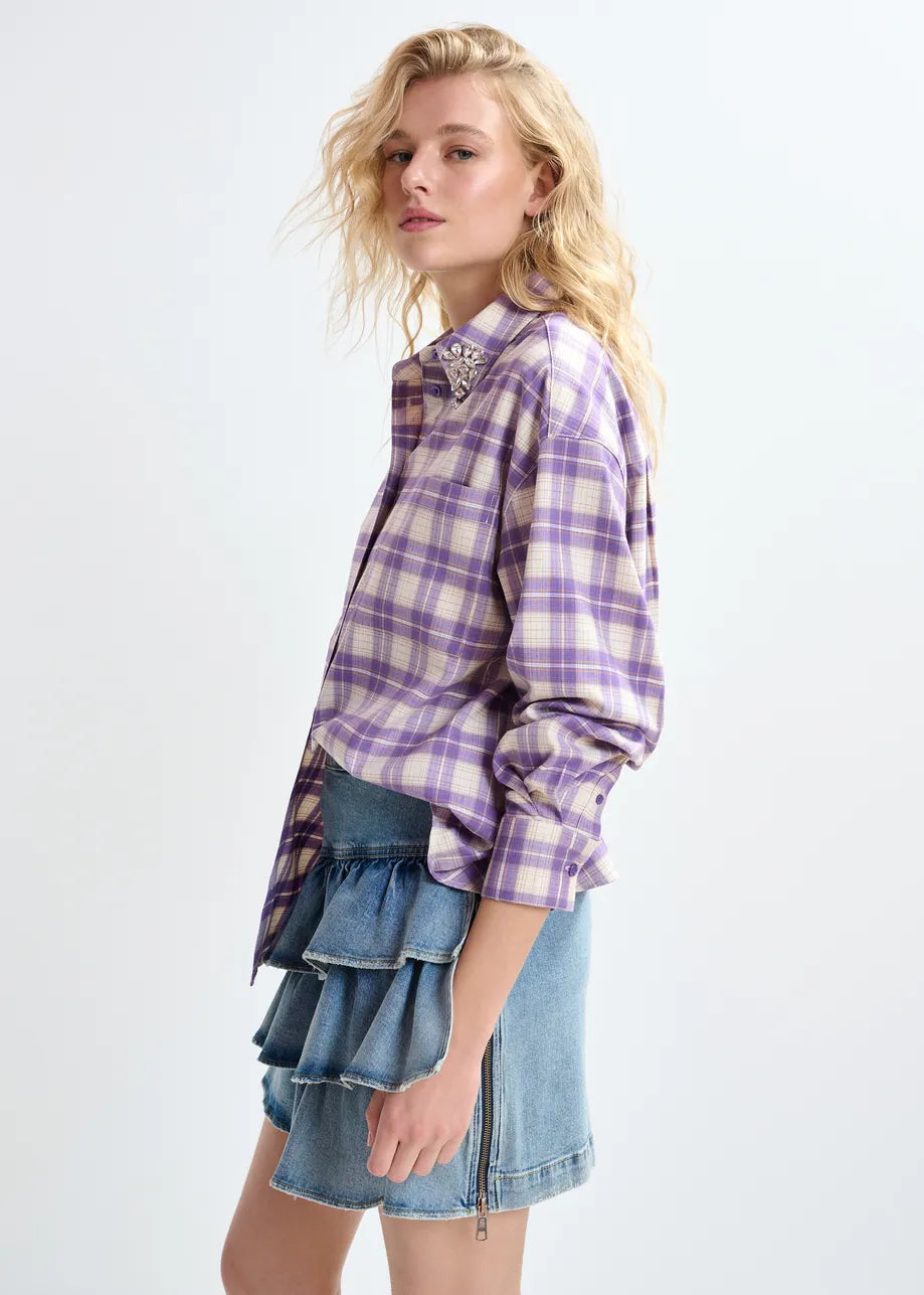 Checked Flannel Shirt with Rhinestone Embellished Collar