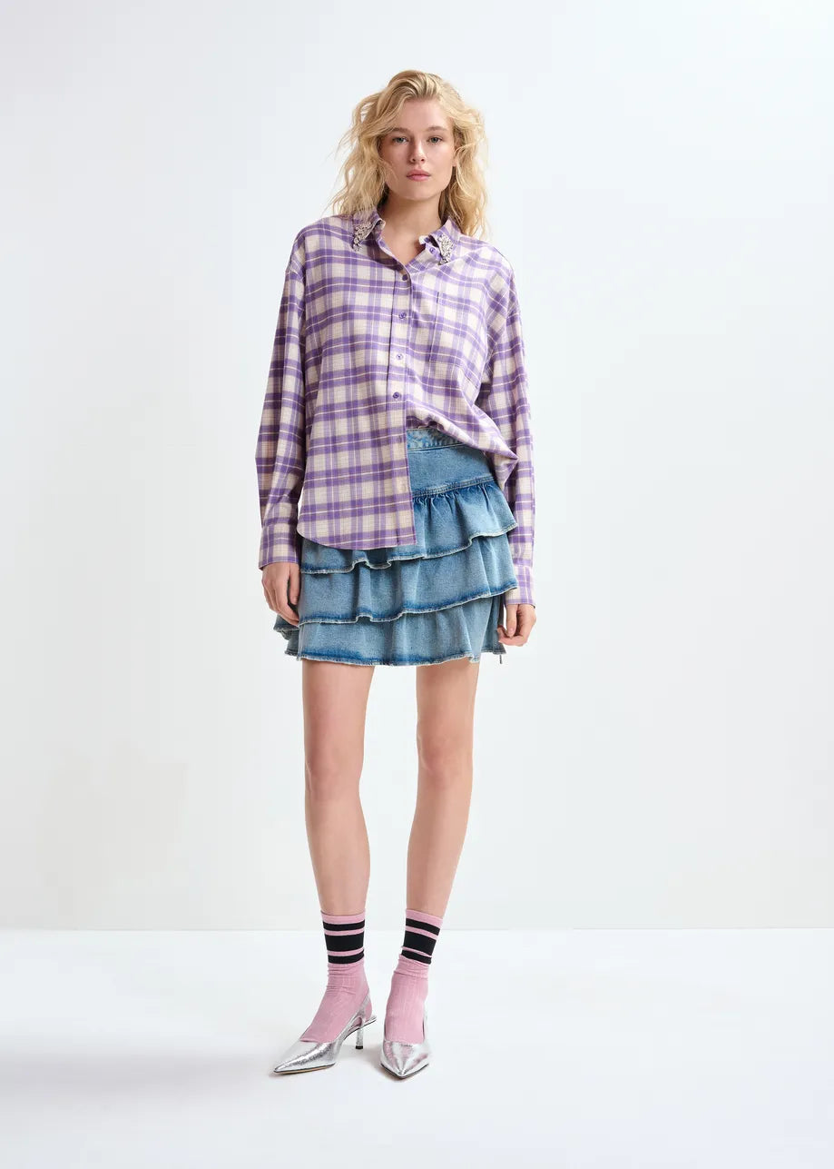 Checked Flannel Shirt with Rhinestone Embellished Collar