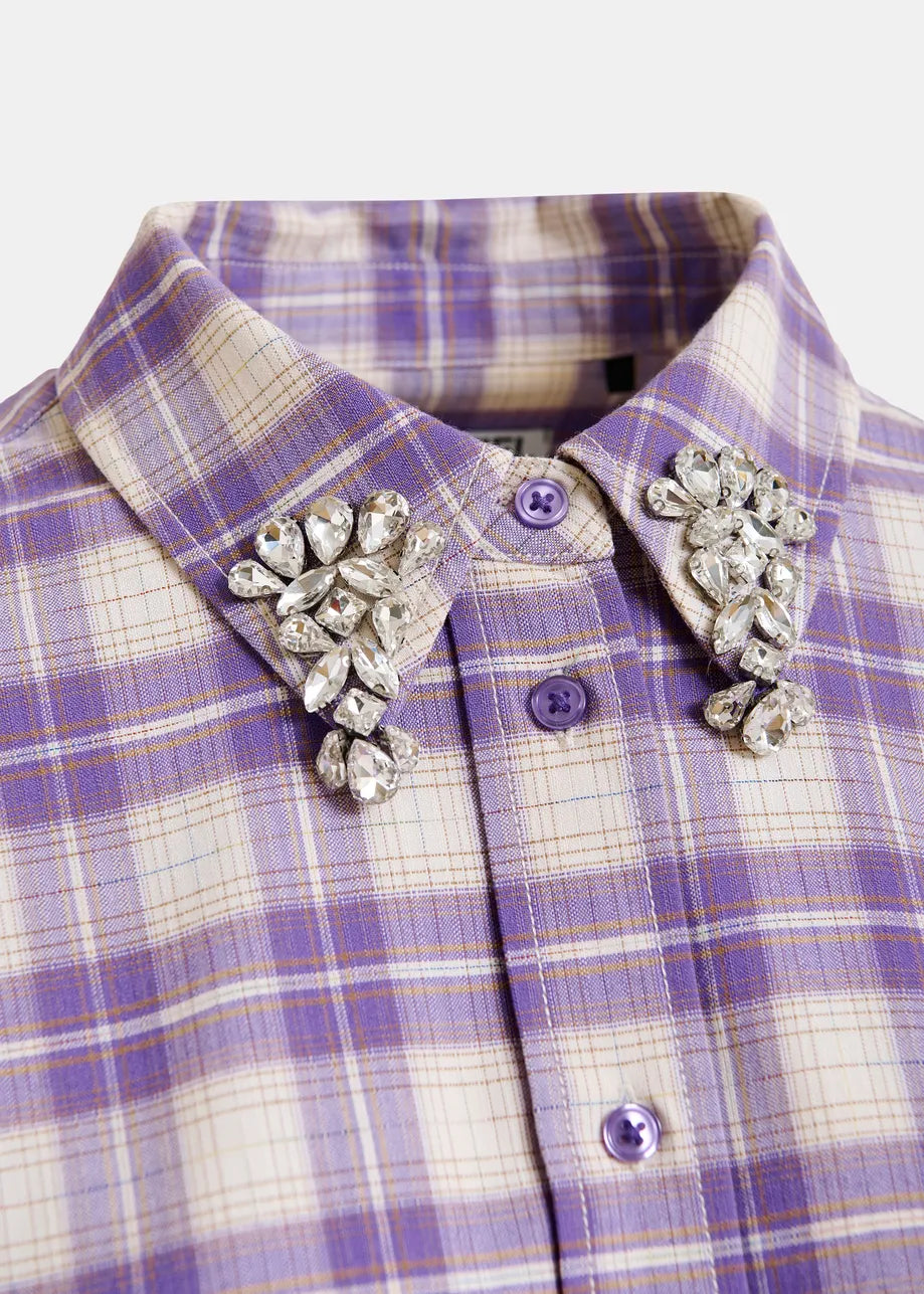 Checked Flannel Shirt with Rhinestone Embellished Collar
