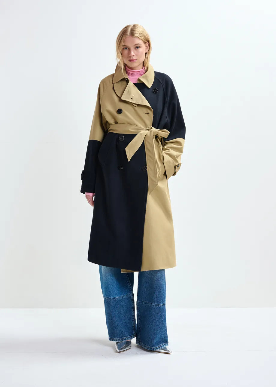 Colour Block Trench Coat in Beige/Navy