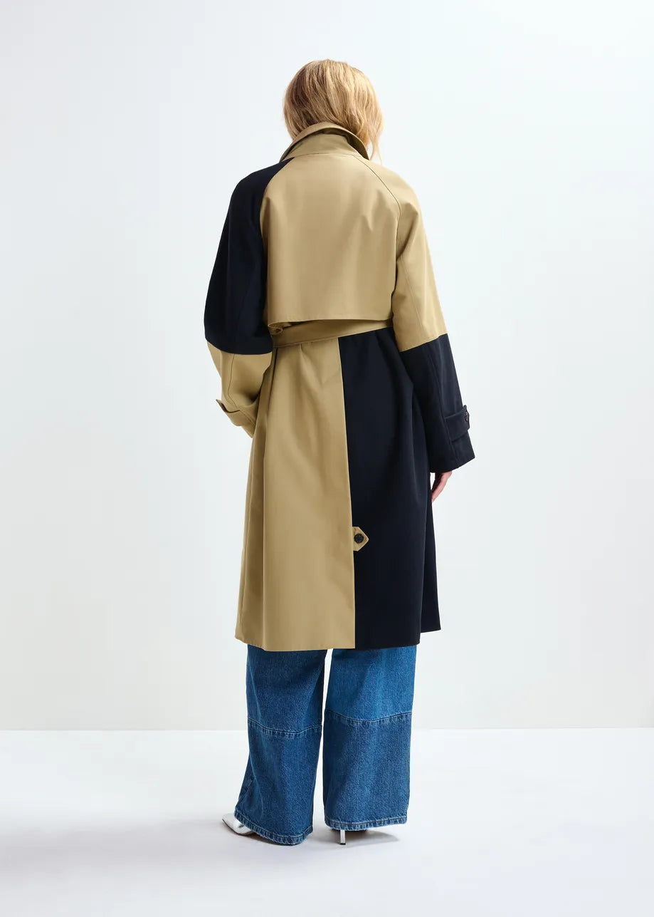 Colour Block Trench Coat in Beige/Navy