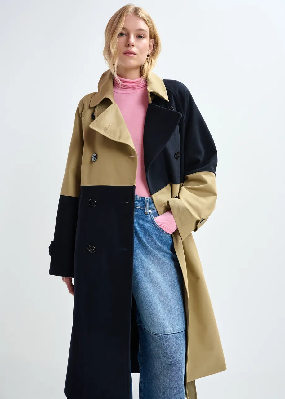 Colour Block Trench Coat in Beige/Navy