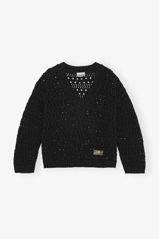Crochet V-Neck Jumper in Black