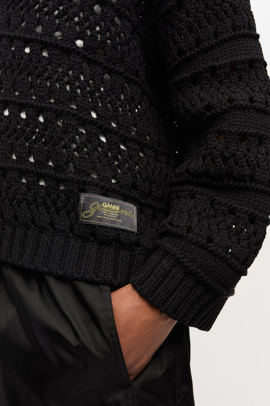Crochet V Neck Jumper in Black
