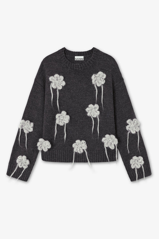 Flower Crochet Sweater in Dark Grey
