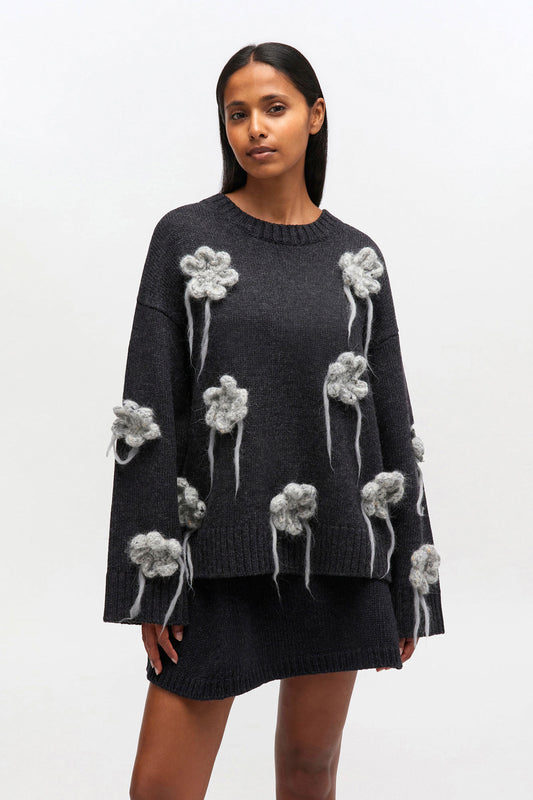 Flower Crochet Sweater in Dark Grey