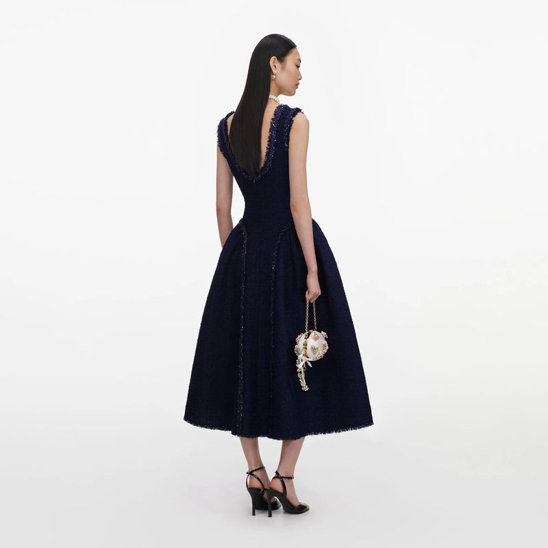 Metallic Boucle Midi Dress in Navy