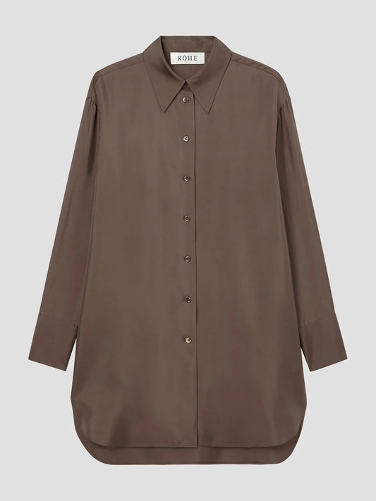 Signature Elongated Silk Shirt in Taupe