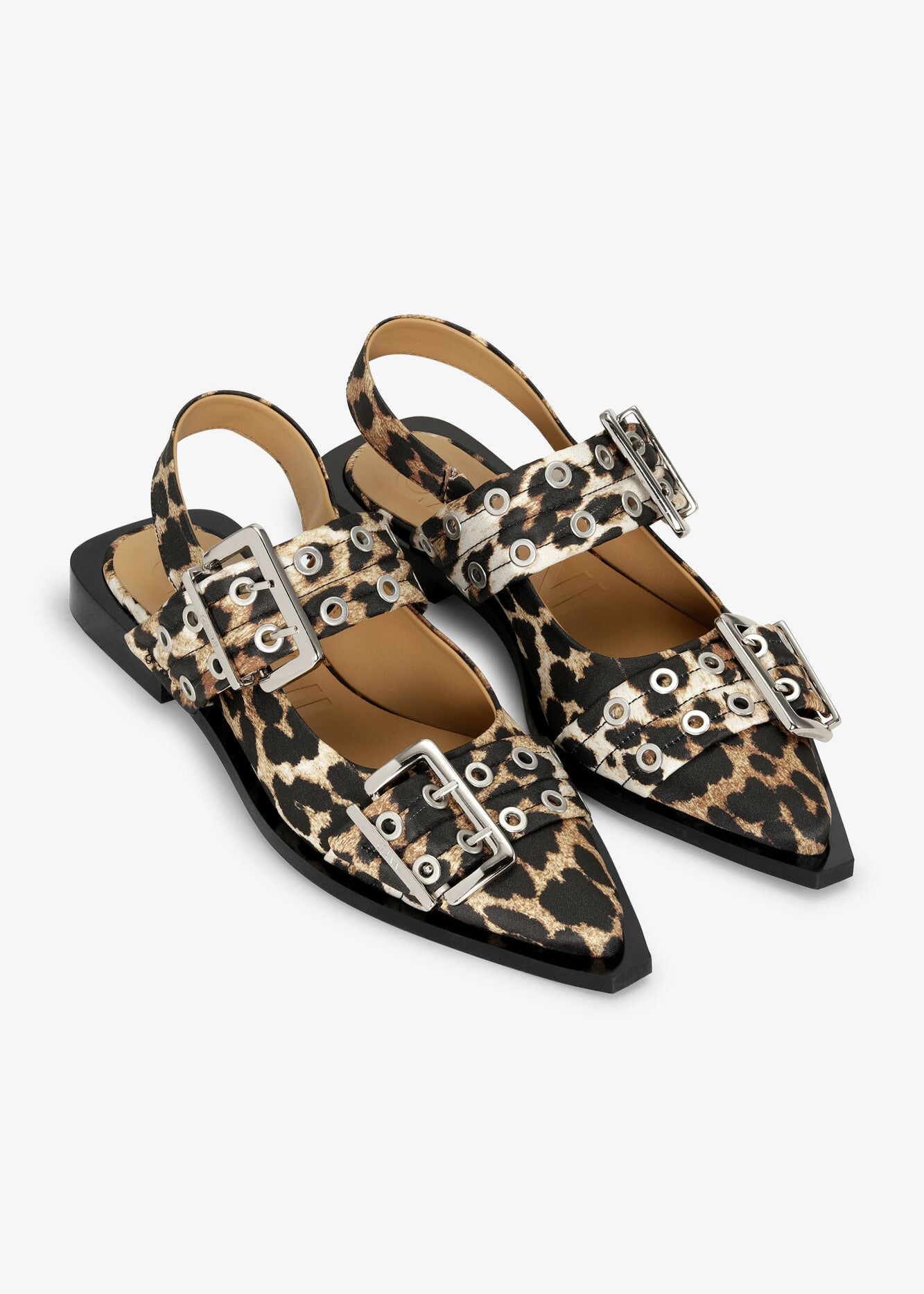 LEOPARD SATIN BUCKLE BALLERINA - GANNI
