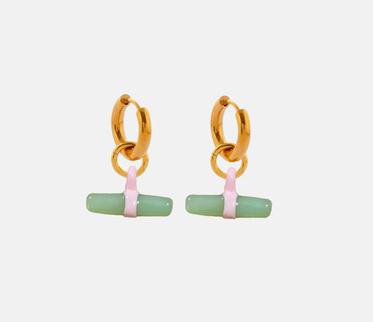 Glass T Bar Earrings in Green and Pink