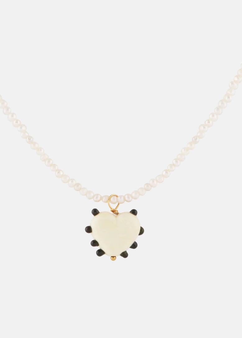 Glass Milagros Heart and Pearl Necklace in Ivory