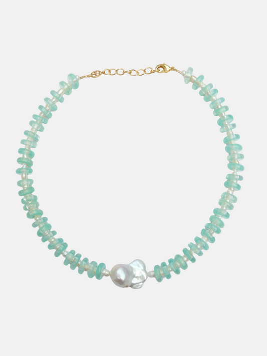 Mint and Freshwater Pearl Rondelle Wave Necklace