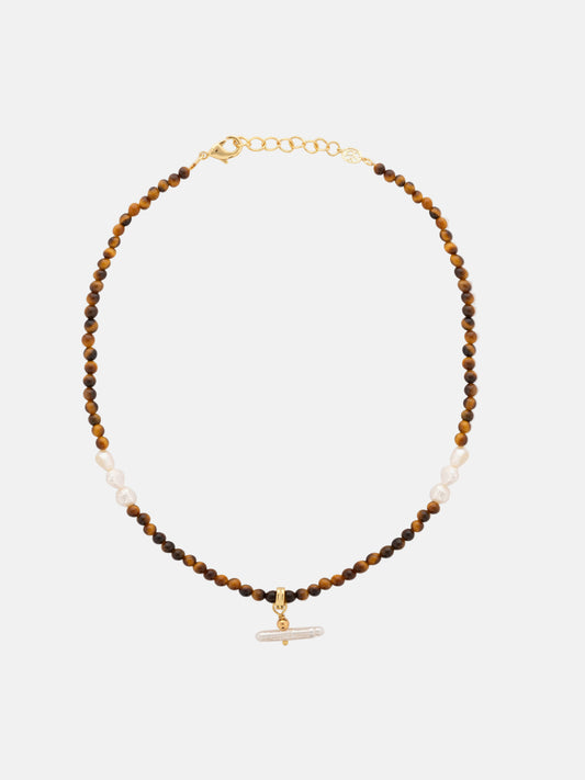 Pearl T Bar and Stone Necklace in Tiger Eye