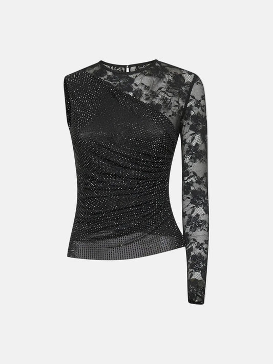 Rhinestone Lace Sleeve Top  in Black