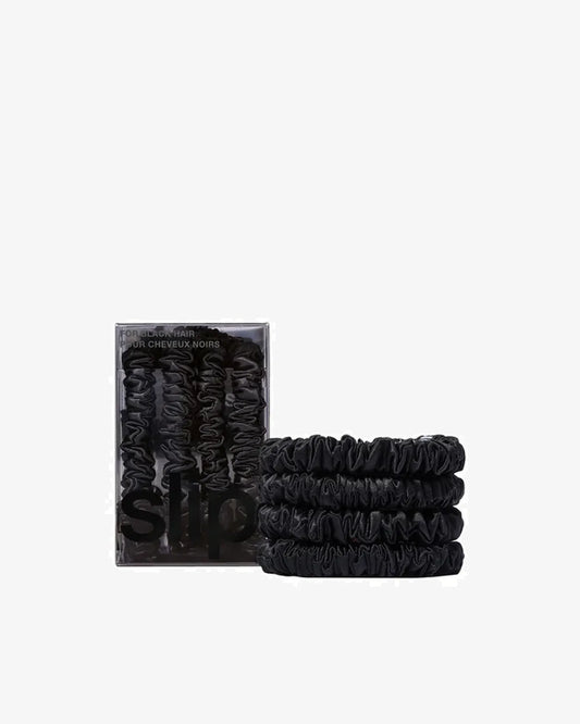 Pure Silk Skinny Scrunchies in Black Set Of 4