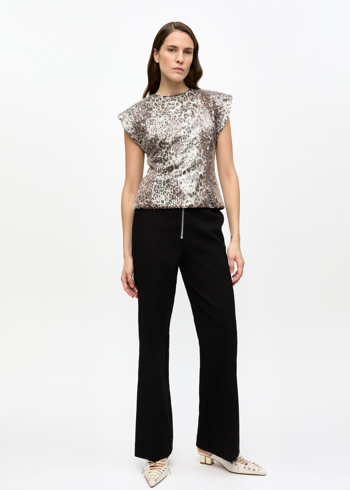PRINTED STRETCH SEQUINS BLOUSE - LEOPARD - GANNI