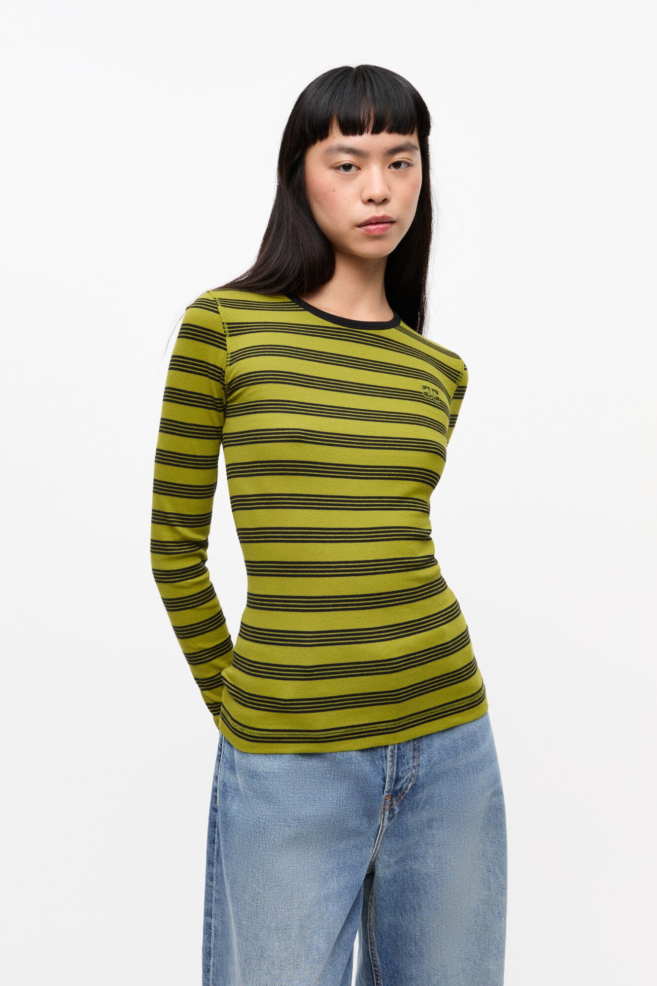 STRIPED SOFT COTTON RIB LONG SLEEVE T-SHIRT - GOLDEN CYPRESS - GANNI