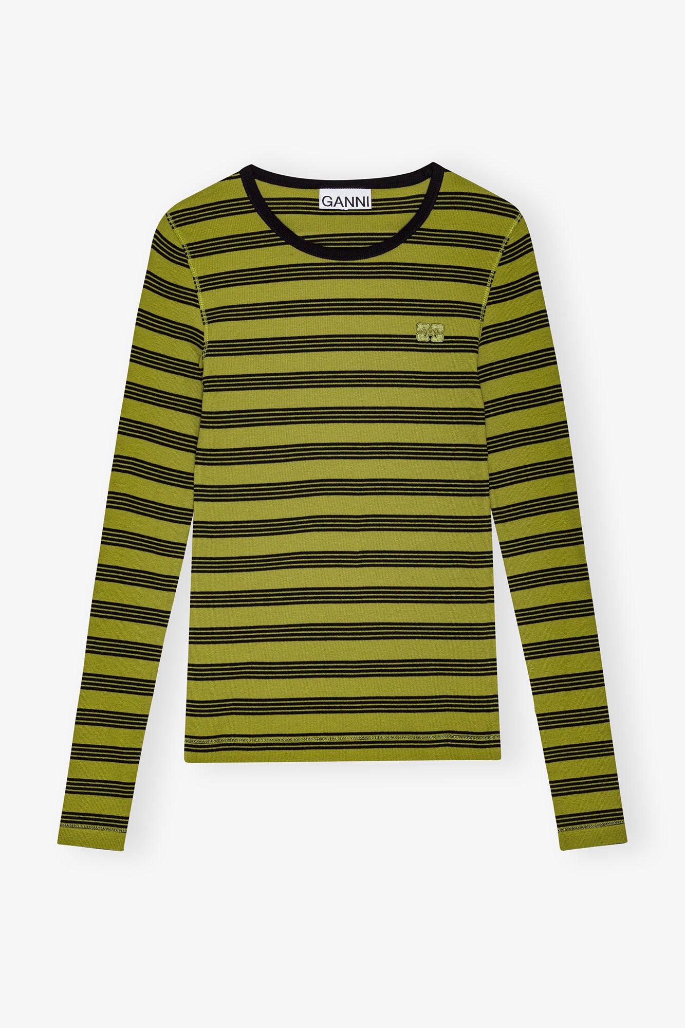 STRIPED SOFT COTTON RIB LONG SLEEVE T-SHIRT - GOLDEN CYPRESS - GANNI