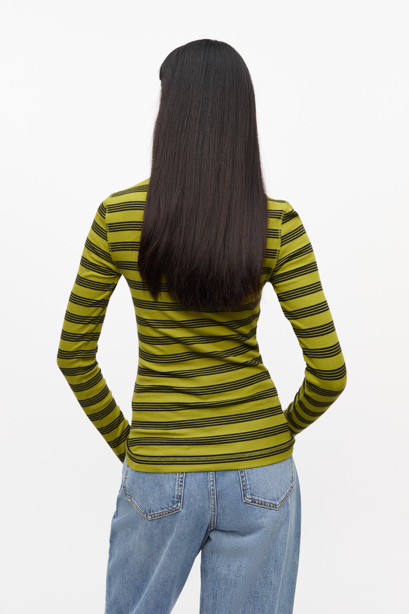 STRIPED SOFT COTTON RIB LONG SLEEVE T-SHIRT - GOLDEN CYPRESS - GANNI