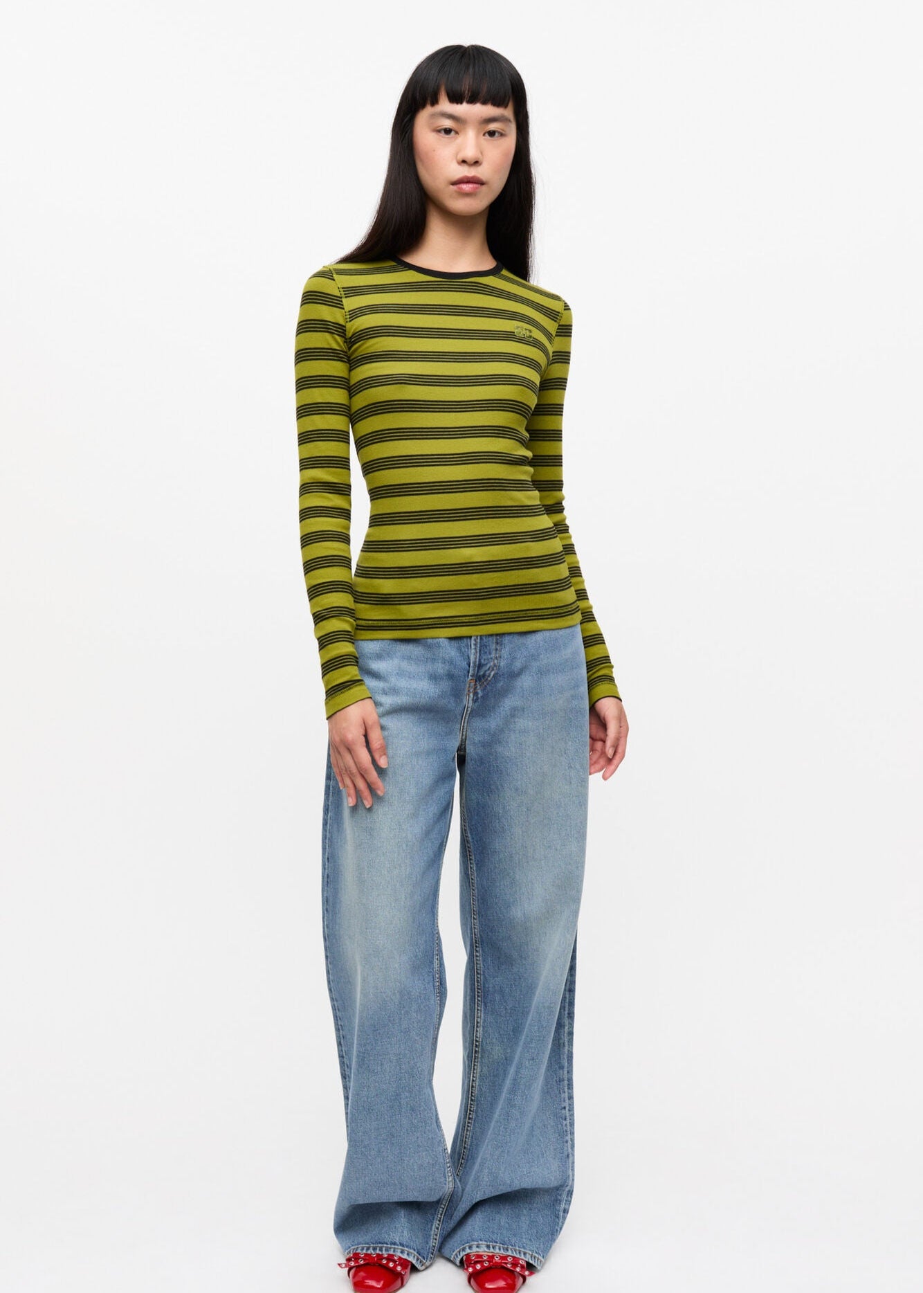 STRIPED SOFT COTTON RIB LONG SLEEVE T-SHIRT - GOLDEN CYPRESS - GANNI