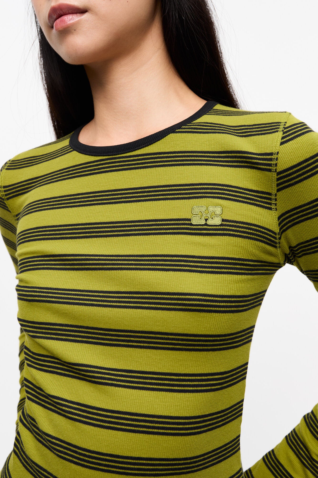 STRIPED SOFT COTTON RIB LONG SLEEVE T-SHIRT - GOLDEN CYPRESS - GANNI