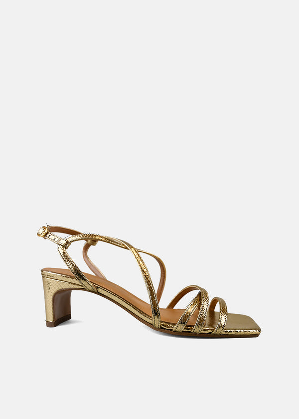 Strappy Block Heel Sandal in Gold Python