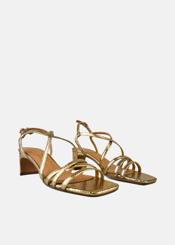 Strappy Block Heel Sandal in Gold Python