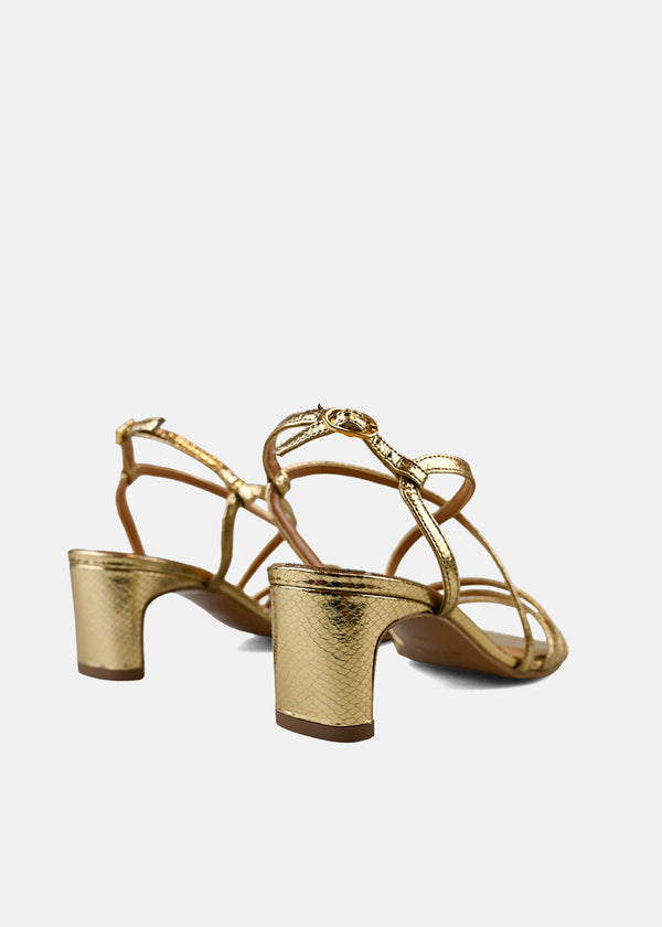 Strappy Block Heel Sandal in Gold Python