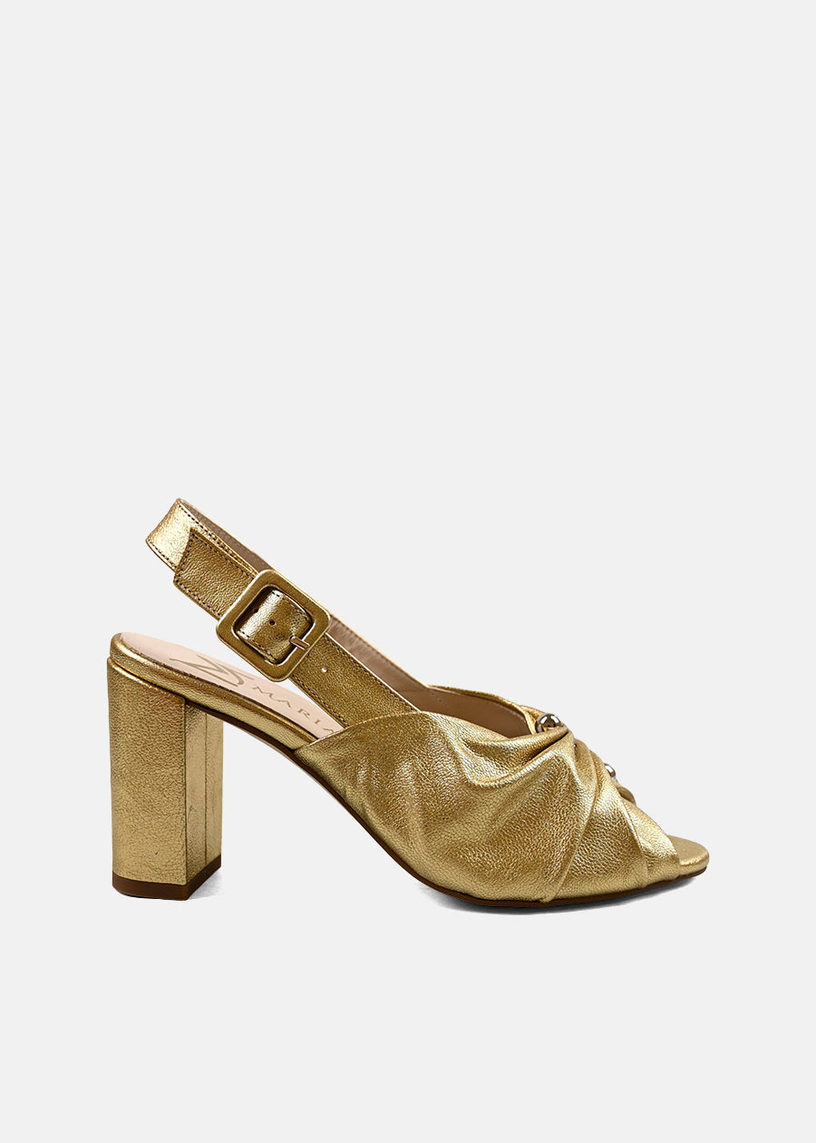Creased Leather Block Heels in Gold