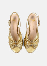 Creased Leather Block Heels in Gold