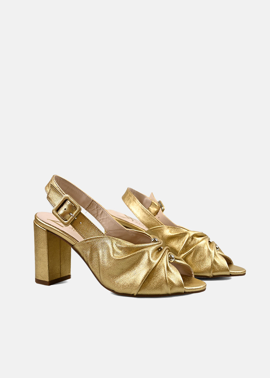 Creased Leather Block Heels in Gold