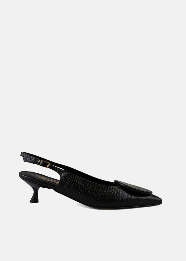 Pointed Toe Slingback Kitten Heel in Black Lizard