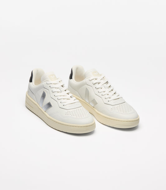 V90 Leather Sneakers in White Silver Black