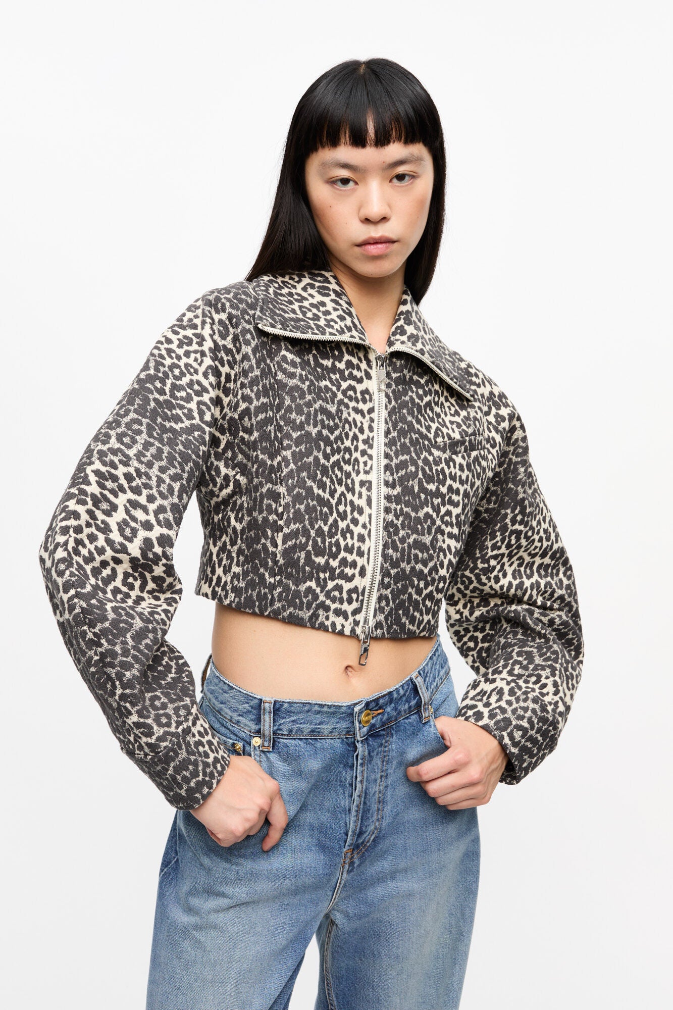 COTTON TWEED CURVED SLEEVE SHORT JACKET - LEOPARD - GANNI