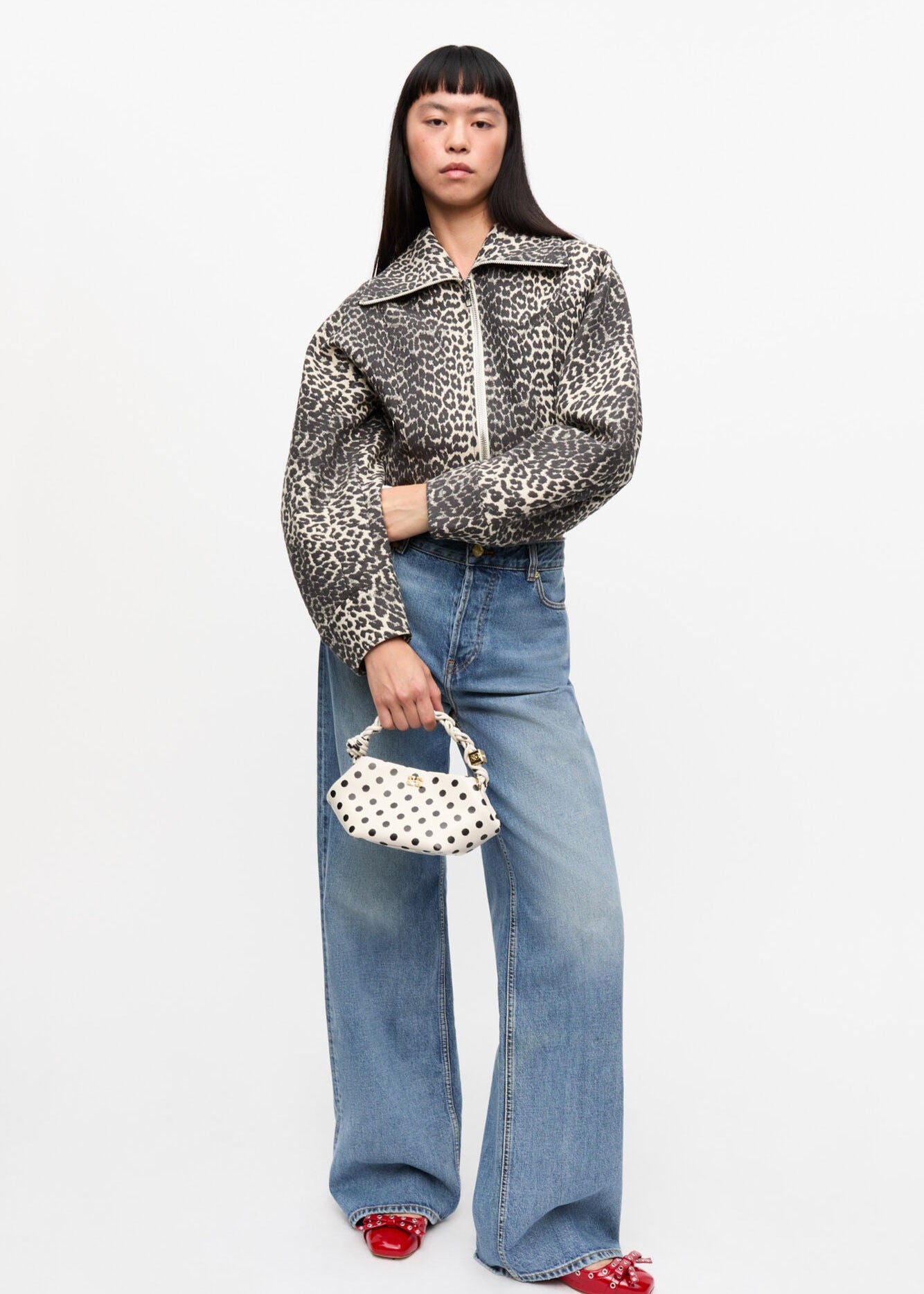 COTTON TWEED CURVED SLEEVE SHORT JACKET - LEOPARD - GANNI