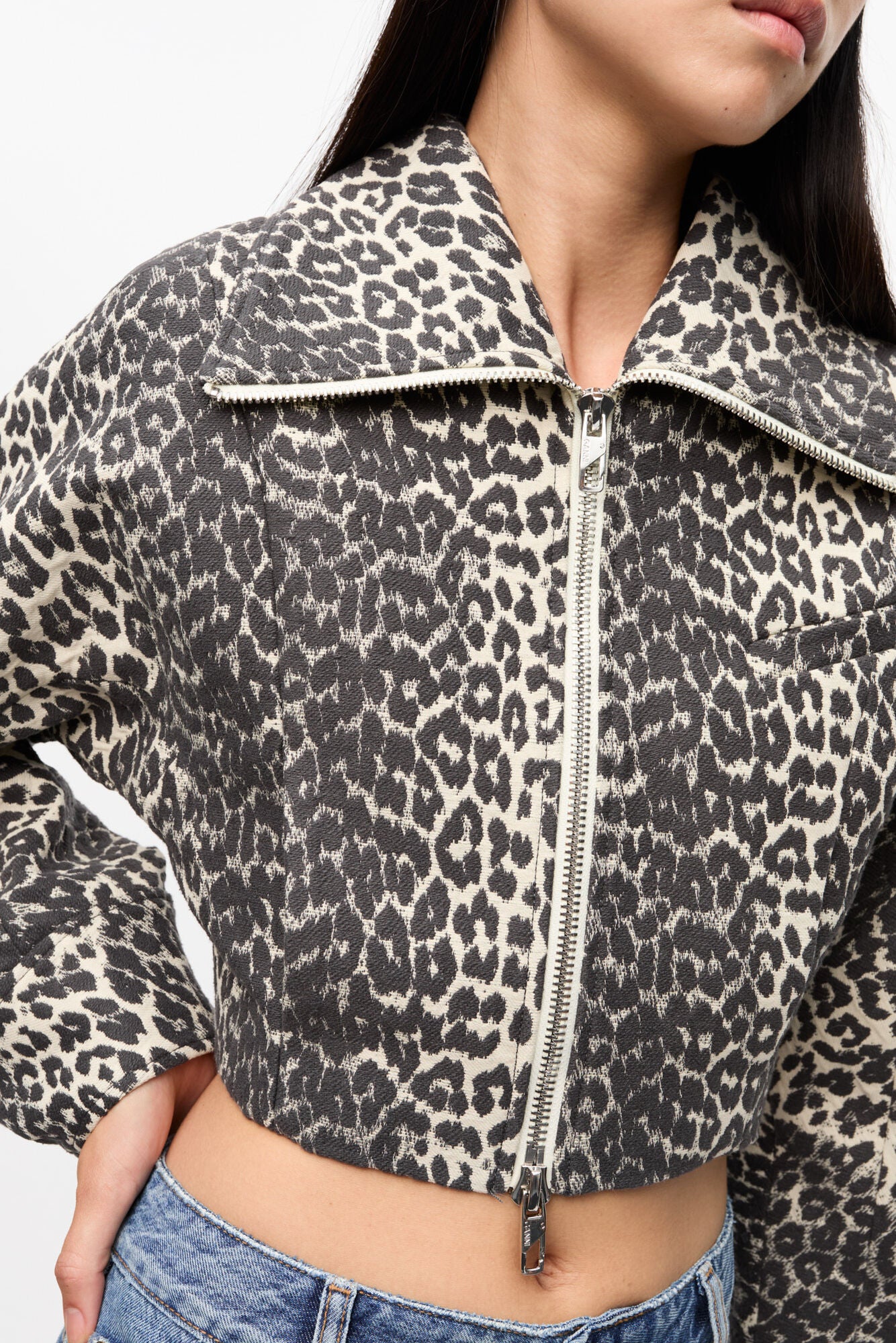 COTTON TWEED CURVED SLEEVE SHORT JACKET - LEOPARD - GANNI