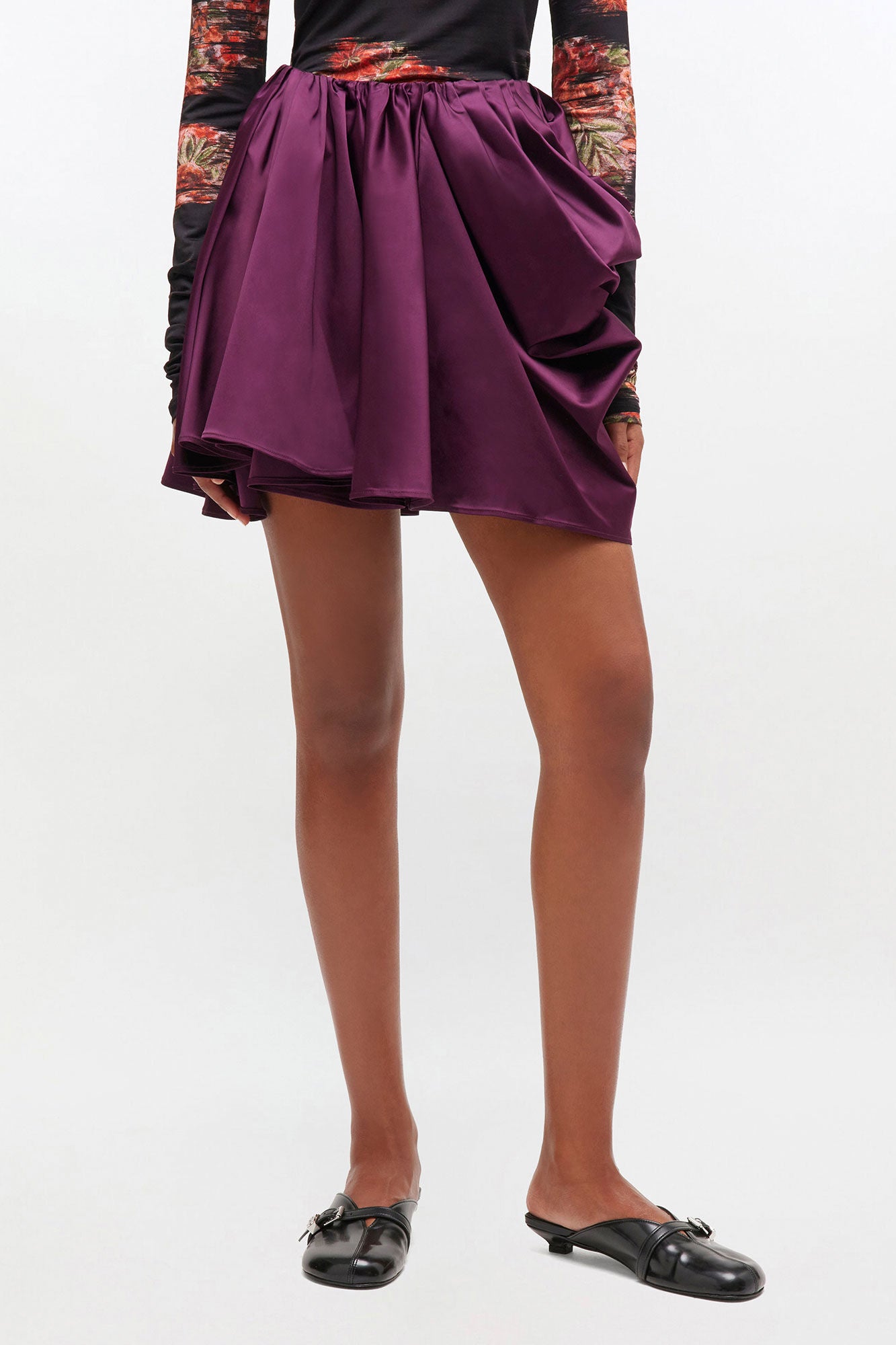 Technical Stretch Satin Draped Mini Skirt