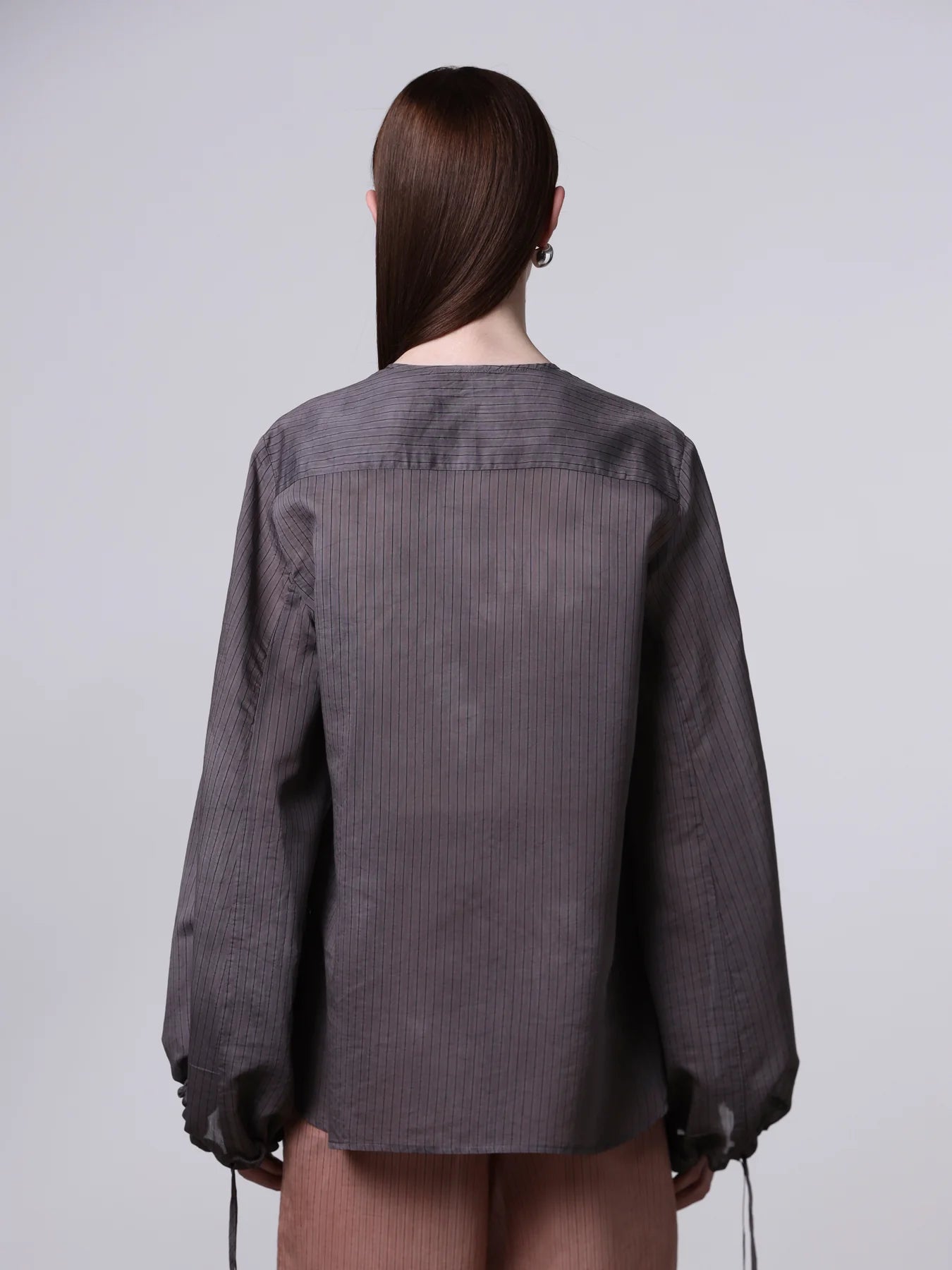 Collarless Bell Sleeve Shirt in Brown