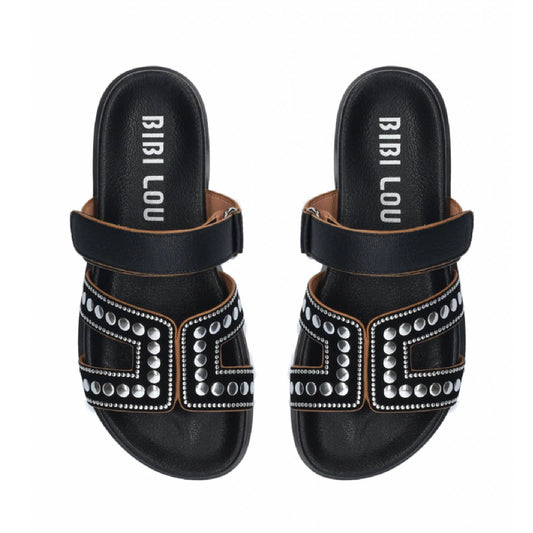 MINDY FLAT SANDAL - BLACK WITH STUDS - BIBI LOU