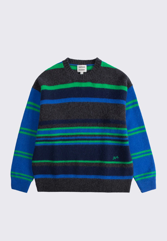 Rene Merino Wool Crew Jumper in Blue/Green Stripe