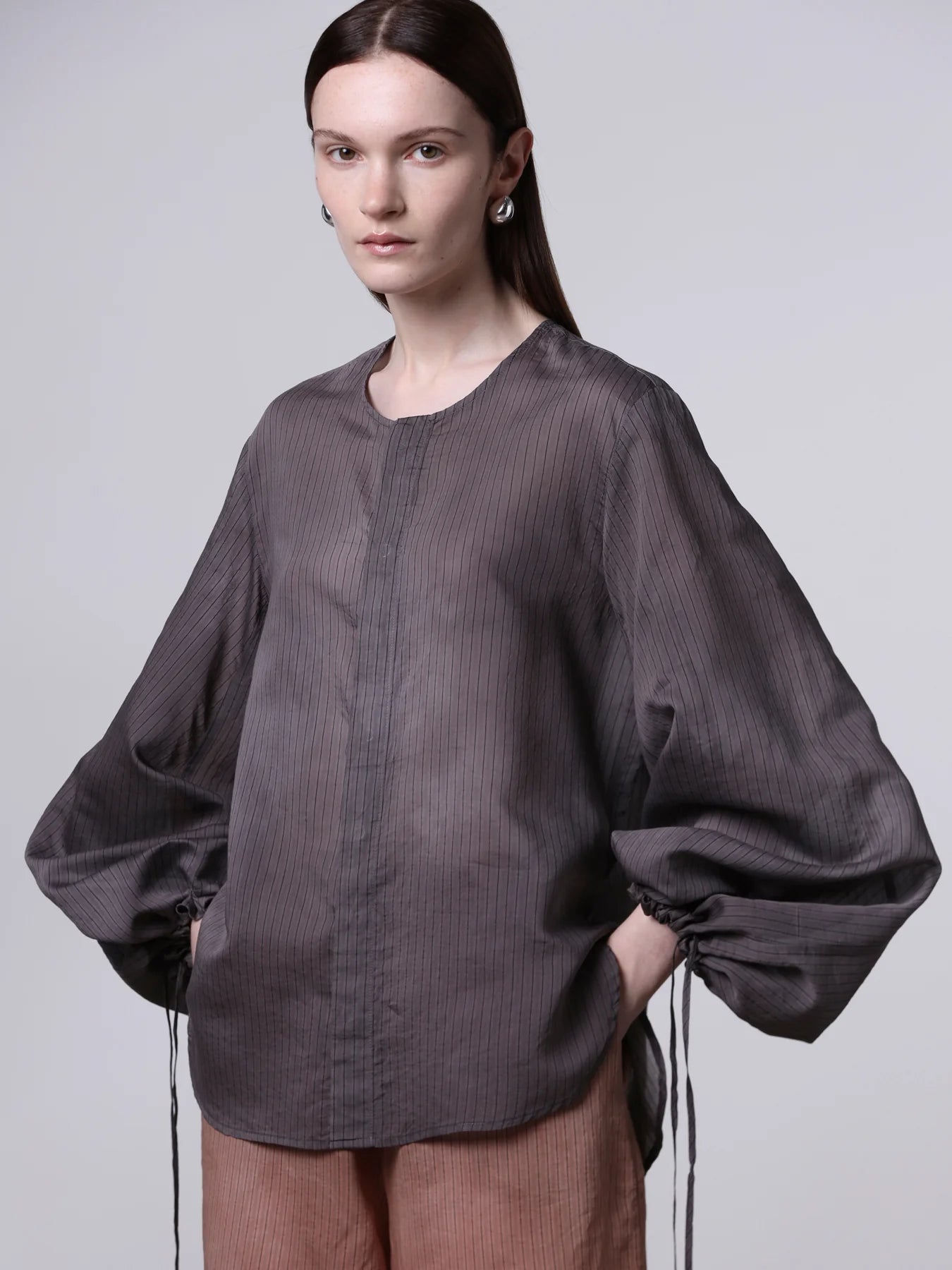 Collarless Bell Sleeve Shirt in Brown