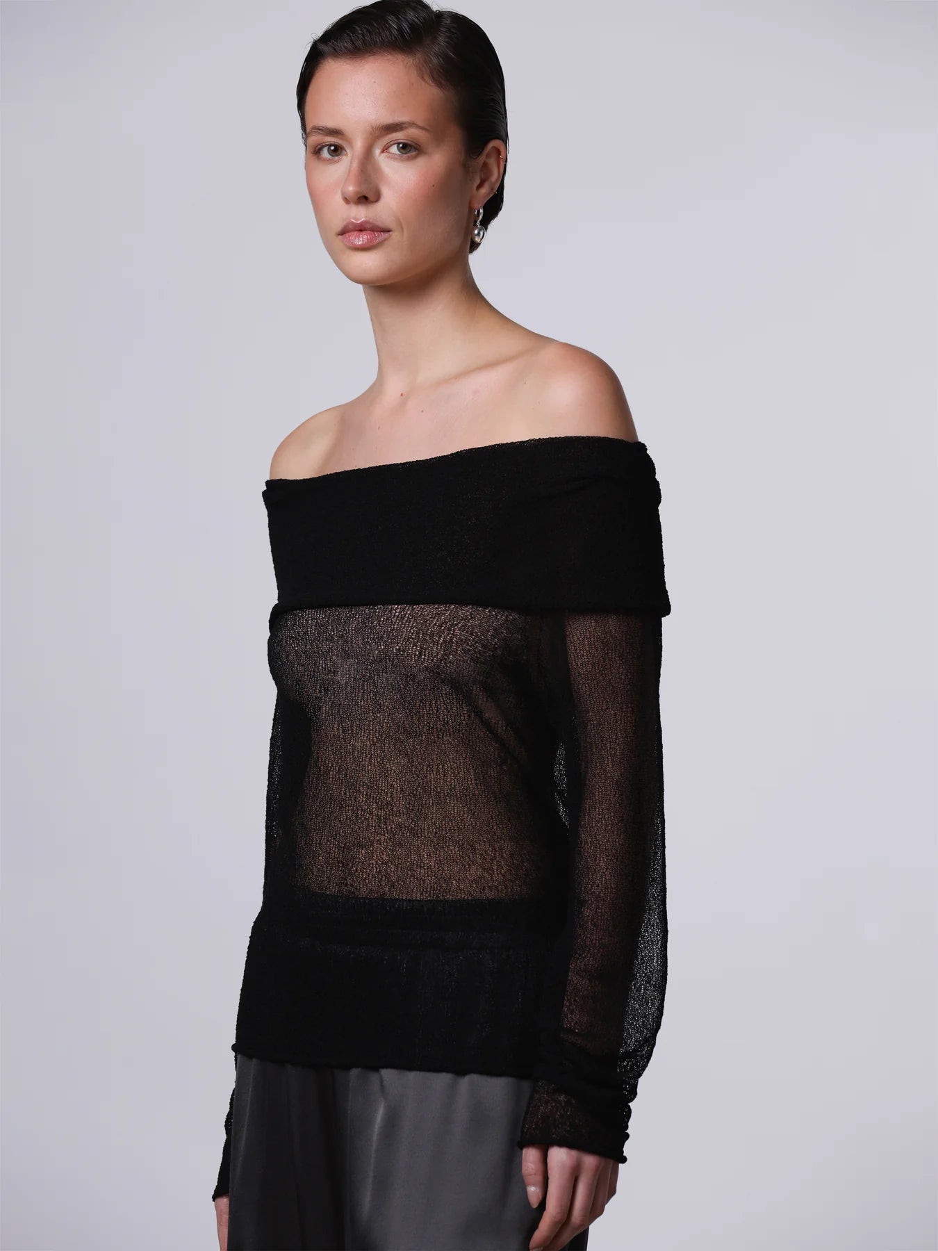Openwork Lace-Effect Off-Shoulder Top in Black