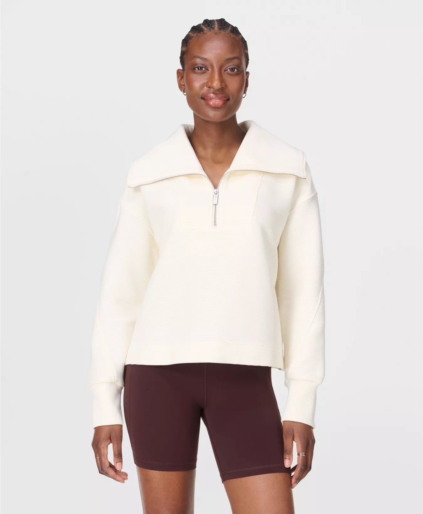 Peaceful Rib Half Zip Cropped Sweatshirt in Lily White