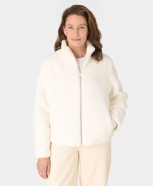 Navigate Sherpa Zip Up Jacket in Studio White