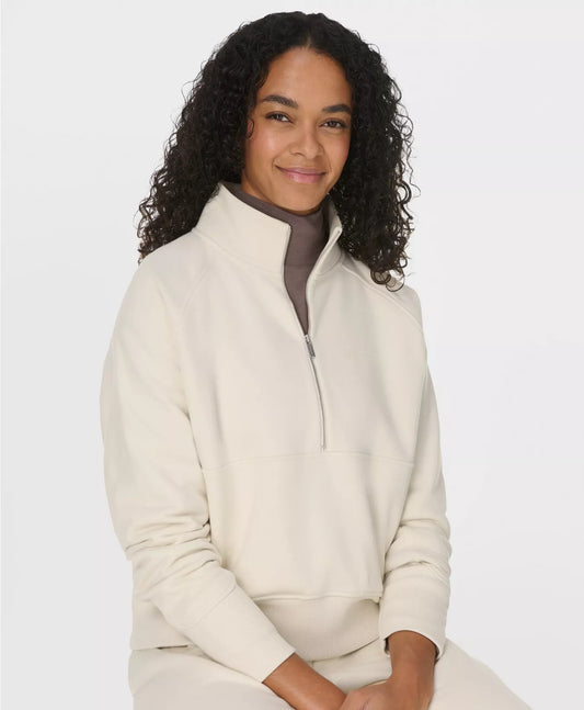 Revive Rib Mix Half Zip Sweatshirt in Lily White