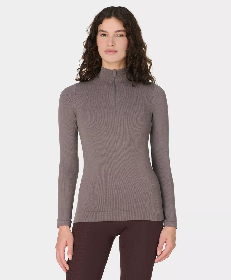 Mindful Flex Half Zip Long Sleeve Top in Taupe Brown